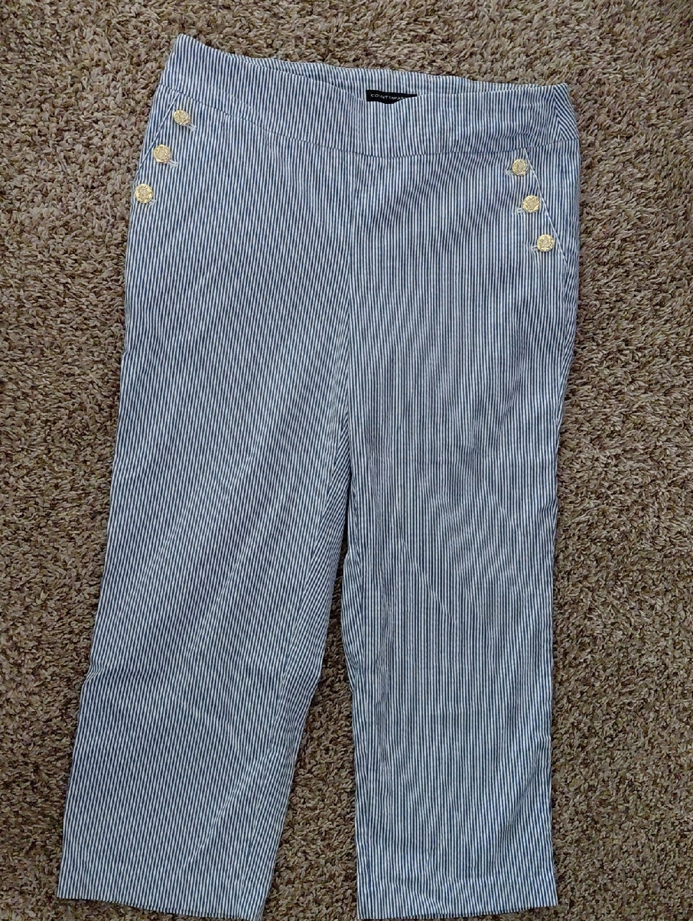 Counterparts Navy and White Striped Pull-On Capri with Gold Buttons